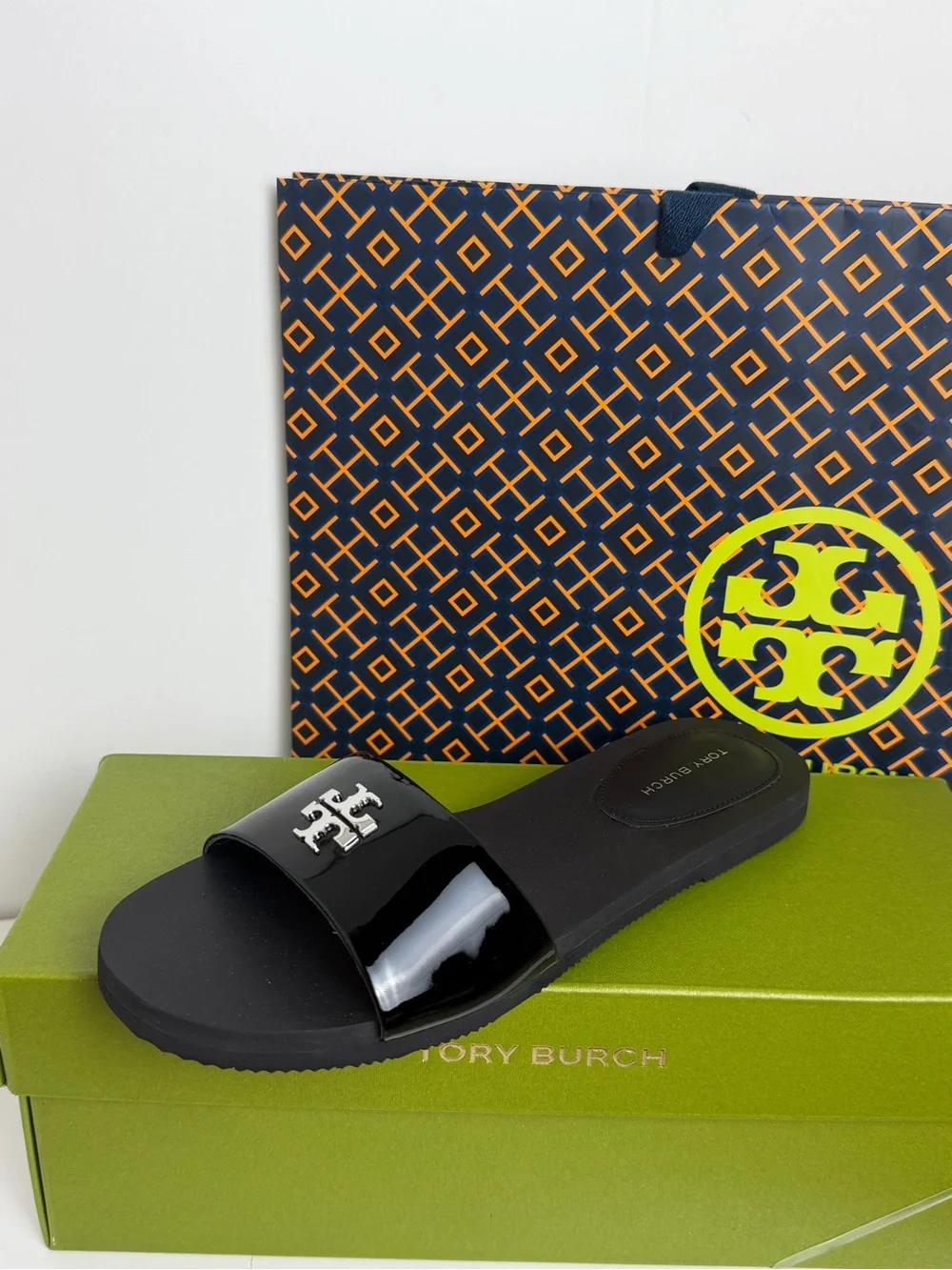 Tory Burch Black Patent Logo Slide